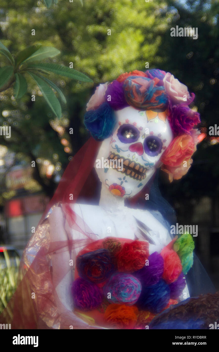 Female skeleton 'Catrina´s' recycled materials of trash sculpture, exhibition celebrating traditional Dead´s Day  Guadalajara, Jalisco, Mexico Stock Photo