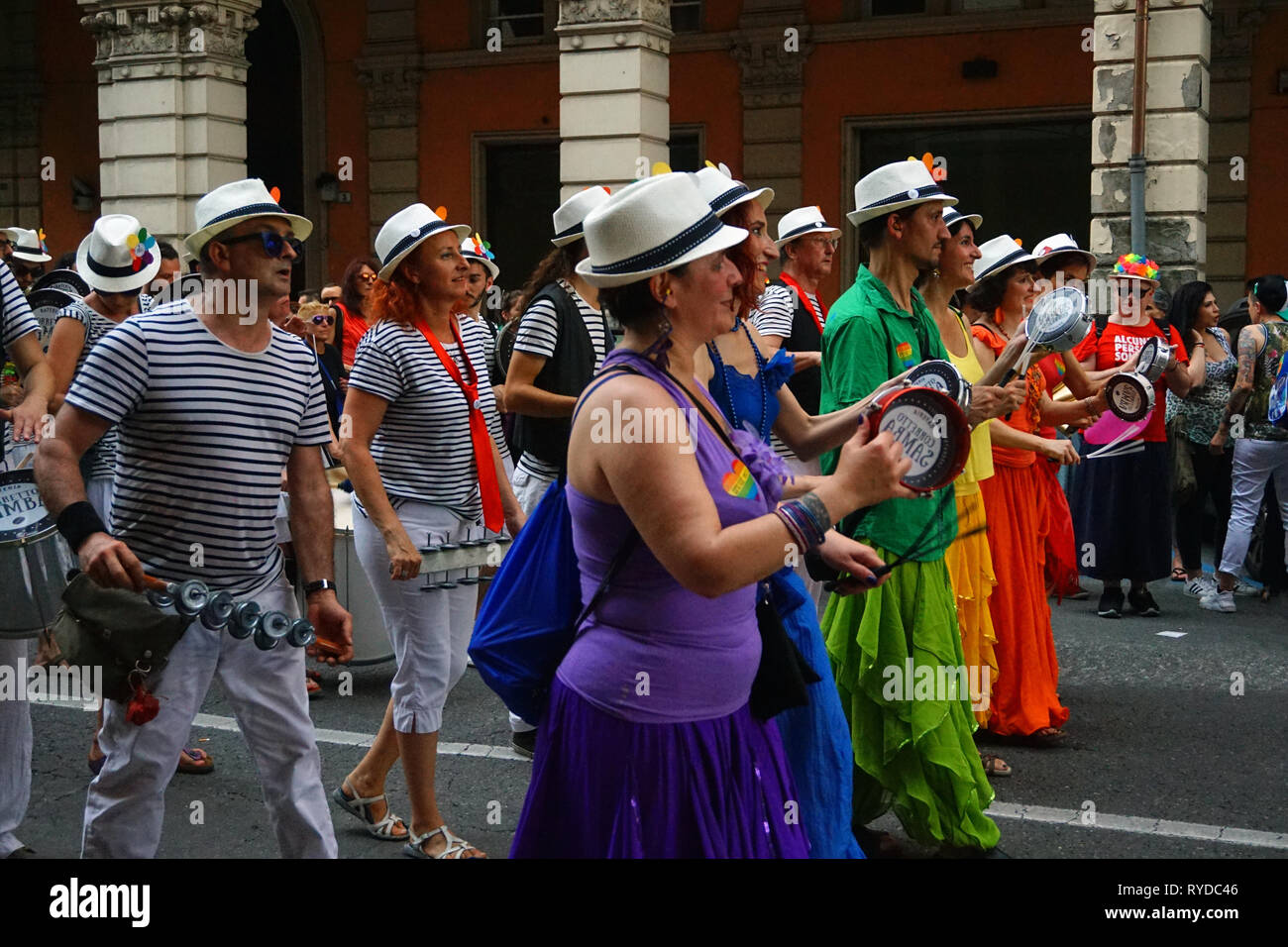 the colourful gay pride parade into the Bologna downtown with the