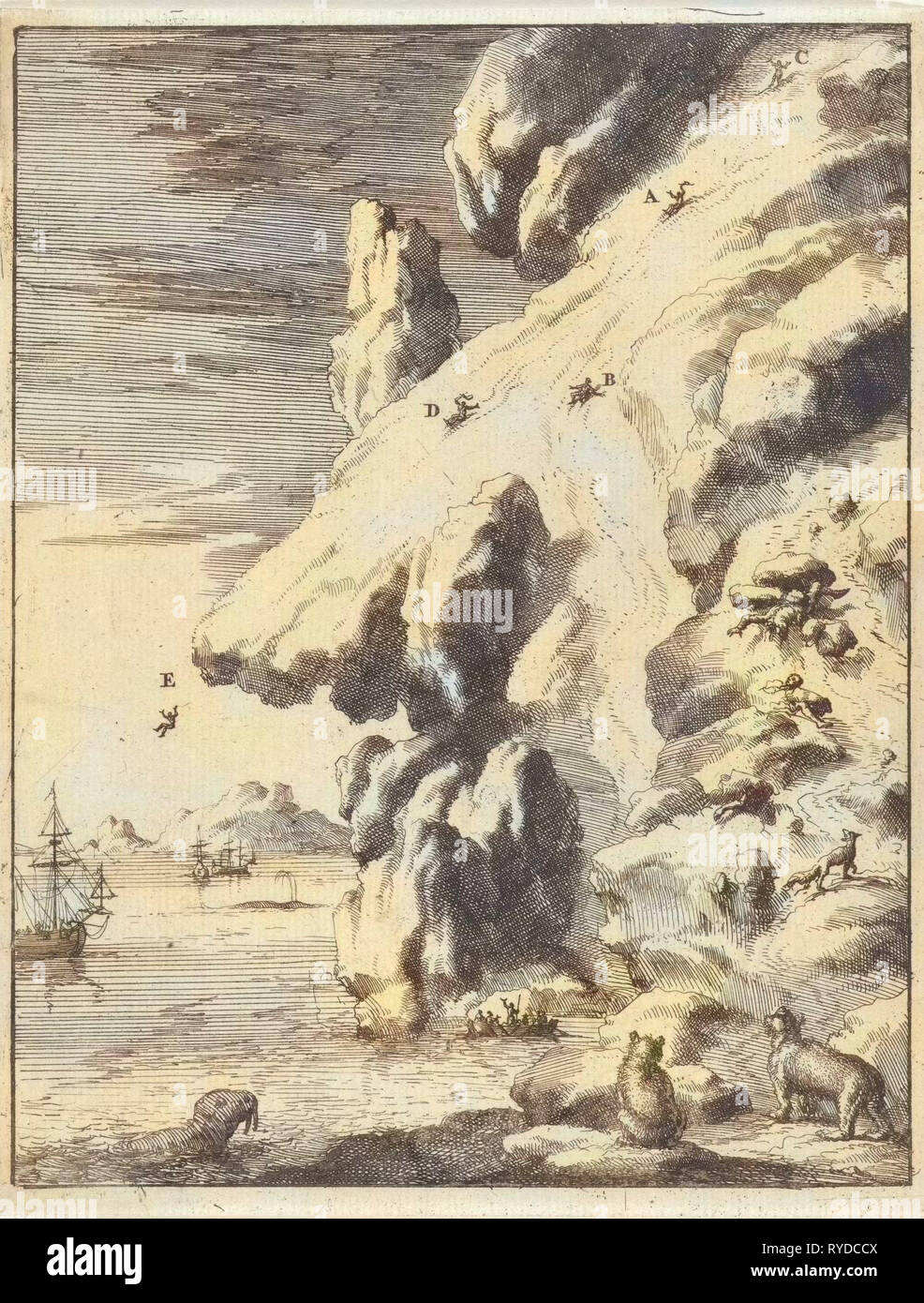Mariners slip off an iceberg, Jan Luyken, 1684 Stock Photo