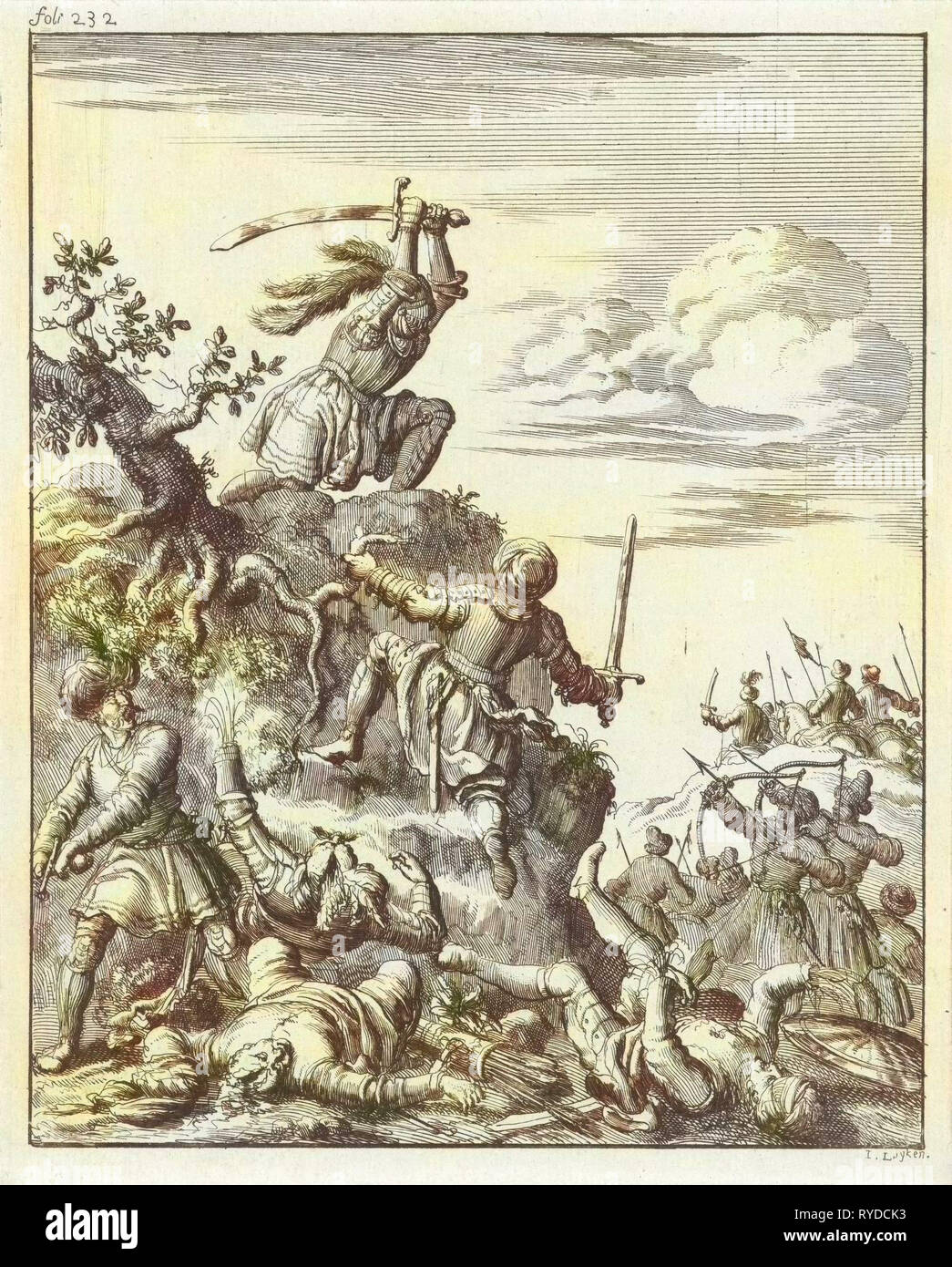 Louis VII, King of France, fighting alone against the enemy at Laodicea, Jan Luyken, Timotheus ten Hoorn, 1683 Stock Photo