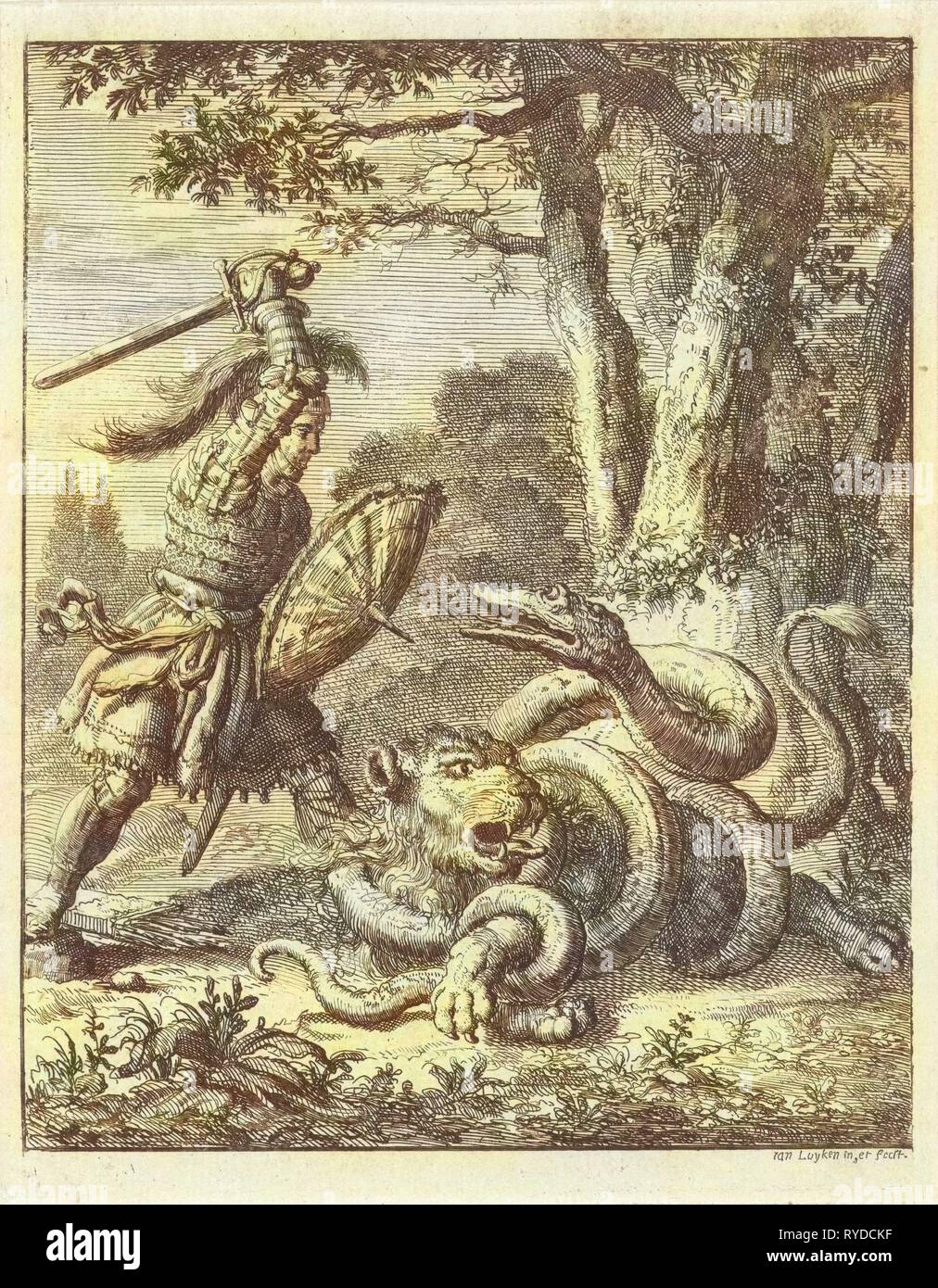 Godfrey of Bouillon free a lion from the stranglehold of a snake, Jan Luyken, 1683 Stock Photo