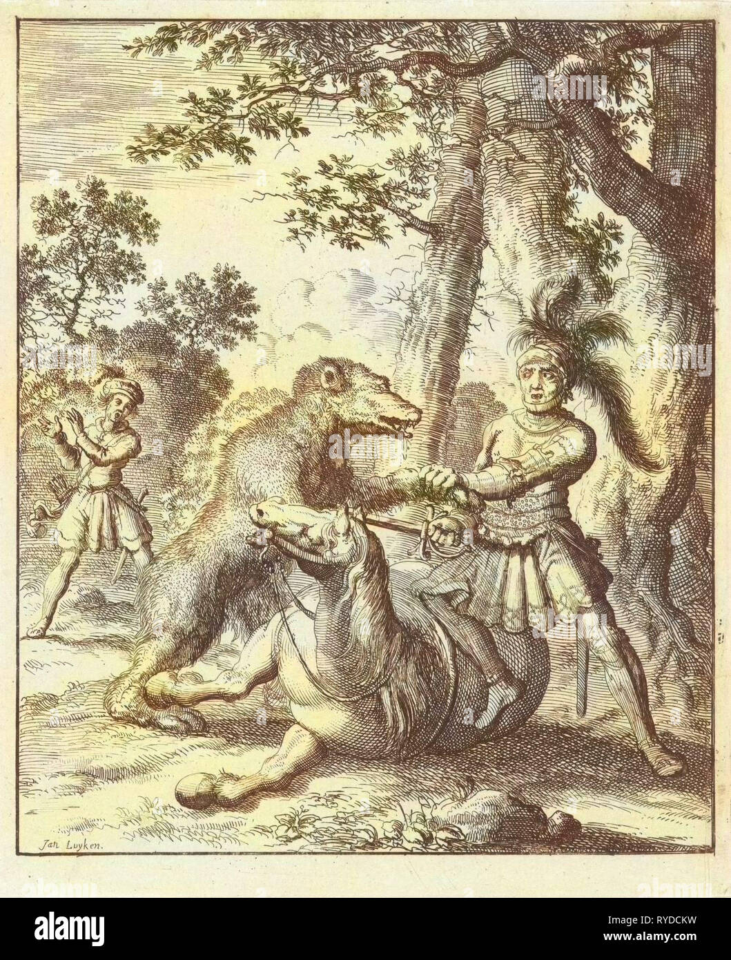 Godfrey of Bouillon, c. 1060 – 1100, beats a bear, Jan Luyken, Timotheus ten Hoorn, 1683 Stock Photo