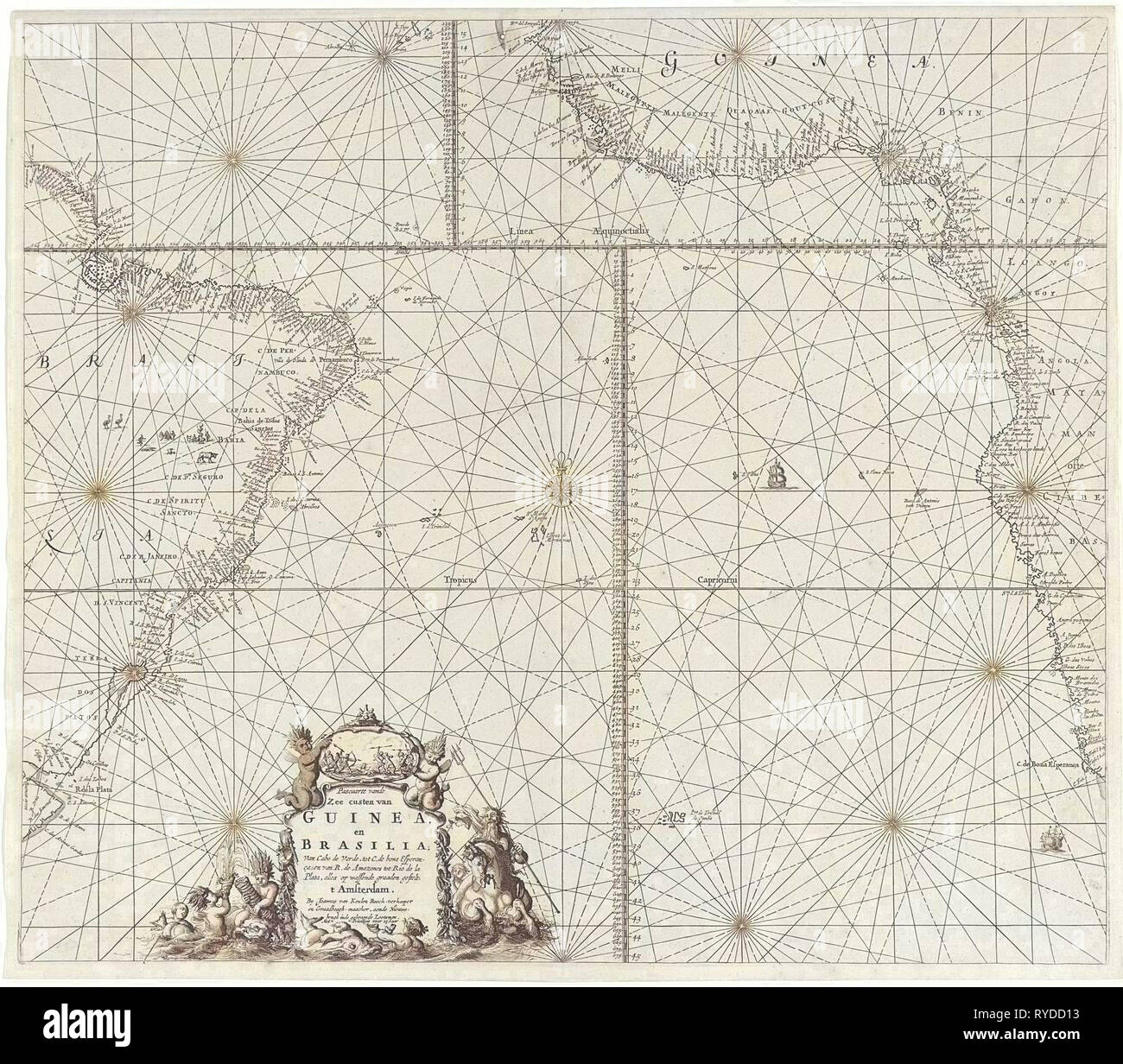 Sea chart of the southern part of the Atlantic coasts of Africa and Brazil, Jan Luyken, Johannes van Keulen (I), unknown, 1683 - 1799 Stock Photo