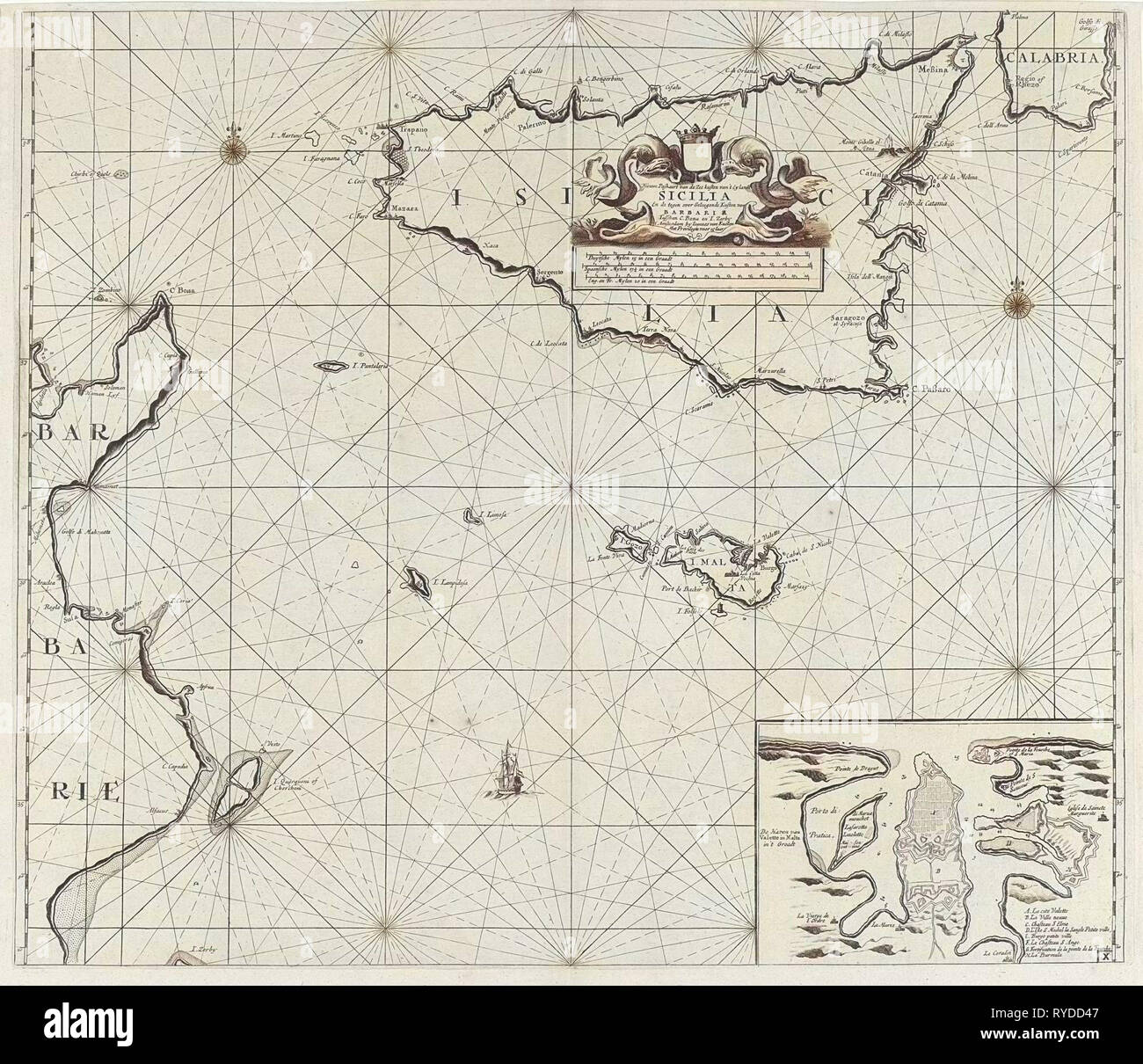 Map of the islands of Sicily and Malta and part of the coast of Tunisia, Anonymous, Johannes van Keulen I, unknown, 1682-1803 Stock Photo