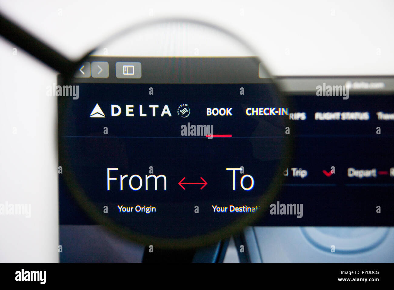 Los Angeles, California, USA - 14 February 2019: Delta Air Lines website homepage. Delta Air Lines logo visible on screen. Stock Photo