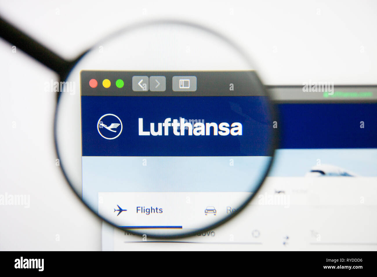 Los Angeles, California, USA - 14 February 2019: Deutsche Lufthansa airline website homepage. Deutsche Lufthansa logo visible on screen. Stock Photo