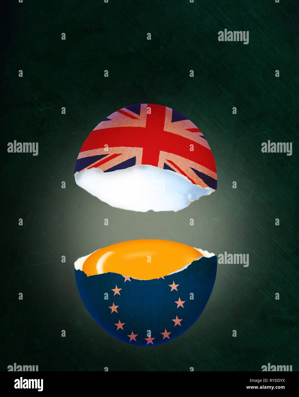 Political concept of Brexit illustrated by cracked egg with flags of UK and European Union, showing egg yolk representing benefits in the EU half whil Stock Photo