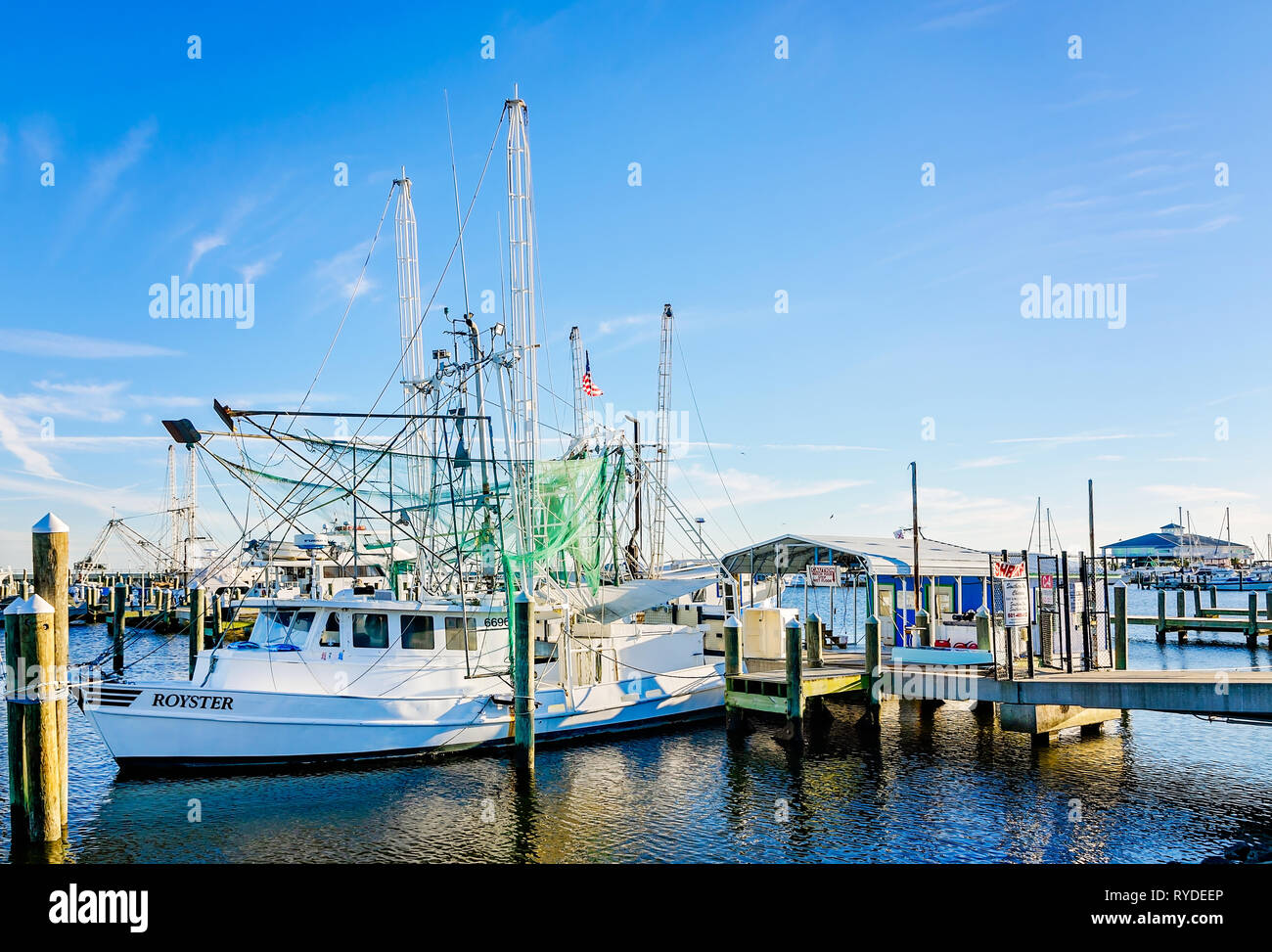 A shrimp boat is docked in Pass Christian Harbor, Feb. 24, 2019, in