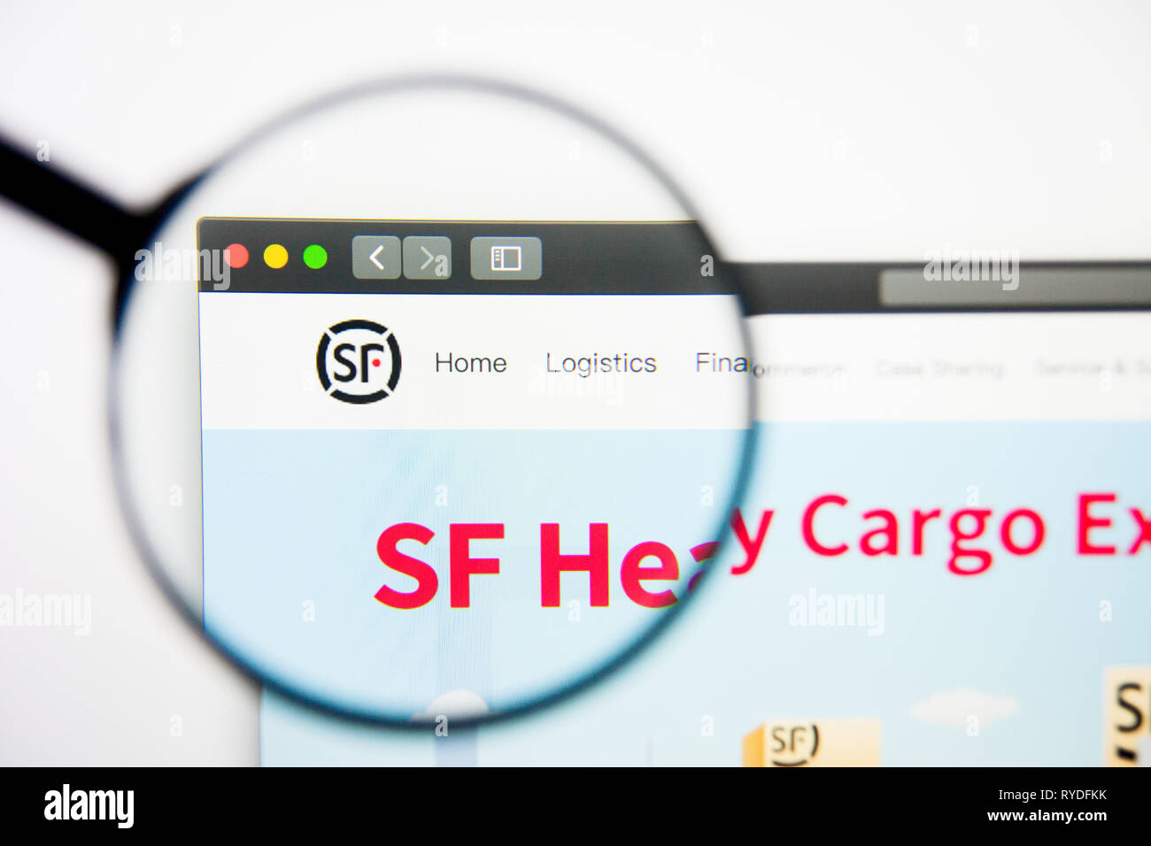 Los Angeles, California, USA - 28 February 2019: S.F. Holding website homepage. S.F. Holding logo visible on display screen, Illustrative Editorial Stock Photo