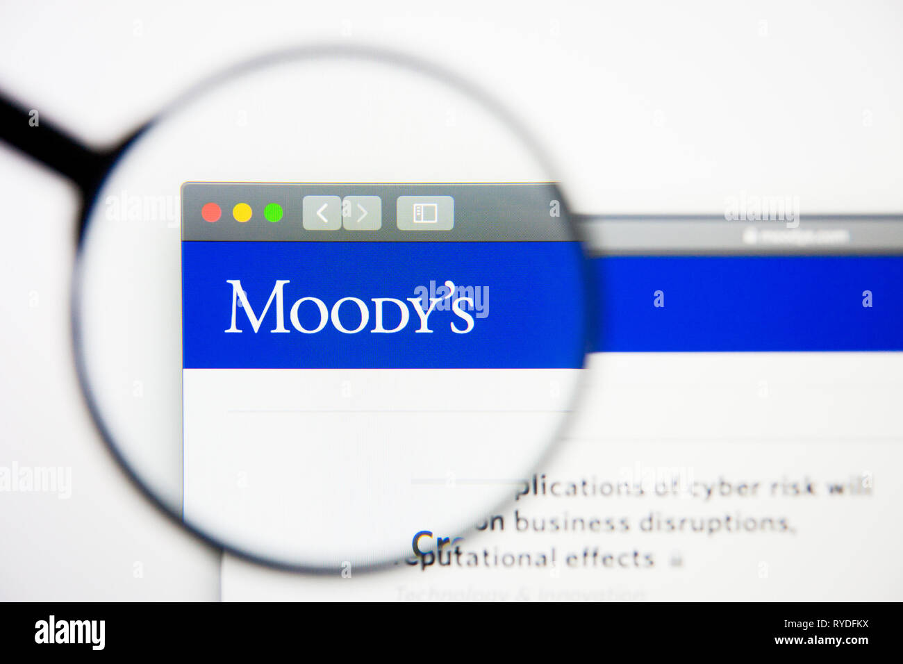 Los Angeles, California, USA - 28 February 2019: Moodys website homepage. Moodys logo visible on display screen, Illustrative Editorial Stock Photo