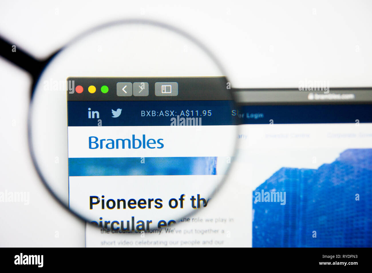 Los Angeles, California, USA - 28 February 2019: Brambles website homepage. Brambles logo visible on display screen, Illustrative Editorial Stock Photo