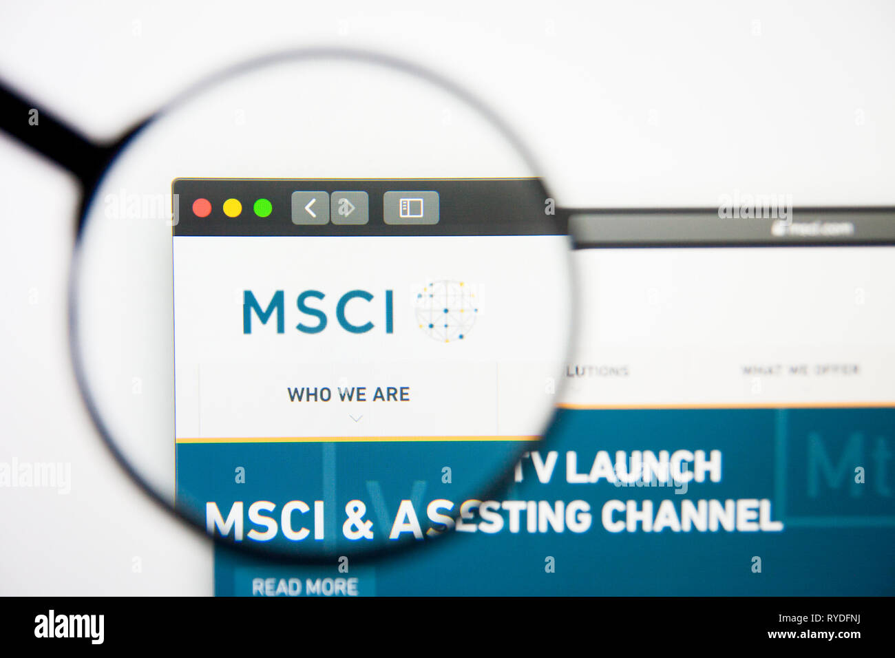 Los Angeles, California, USA - 28 February 2019: MSCI website homepage. MSCI logo visible on display screen, Illustrative Editorial Stock Photo