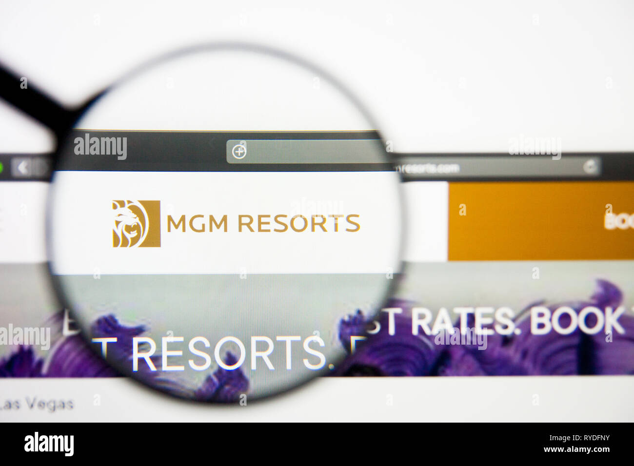 Los Angeles, California, USA - 5 March 2019: MGM Resorts website homepage. MGM Resorts logo visible on display screen, Illustrative Editorial Stock Photo