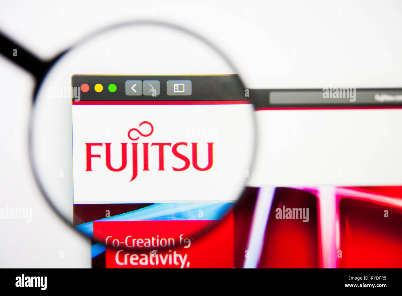 Los Angeles, California, USA - 5 March 2019: Fujitsu website homepage. Fujitsu logo visible on display screen, Illustrative Editorial Stock Photo