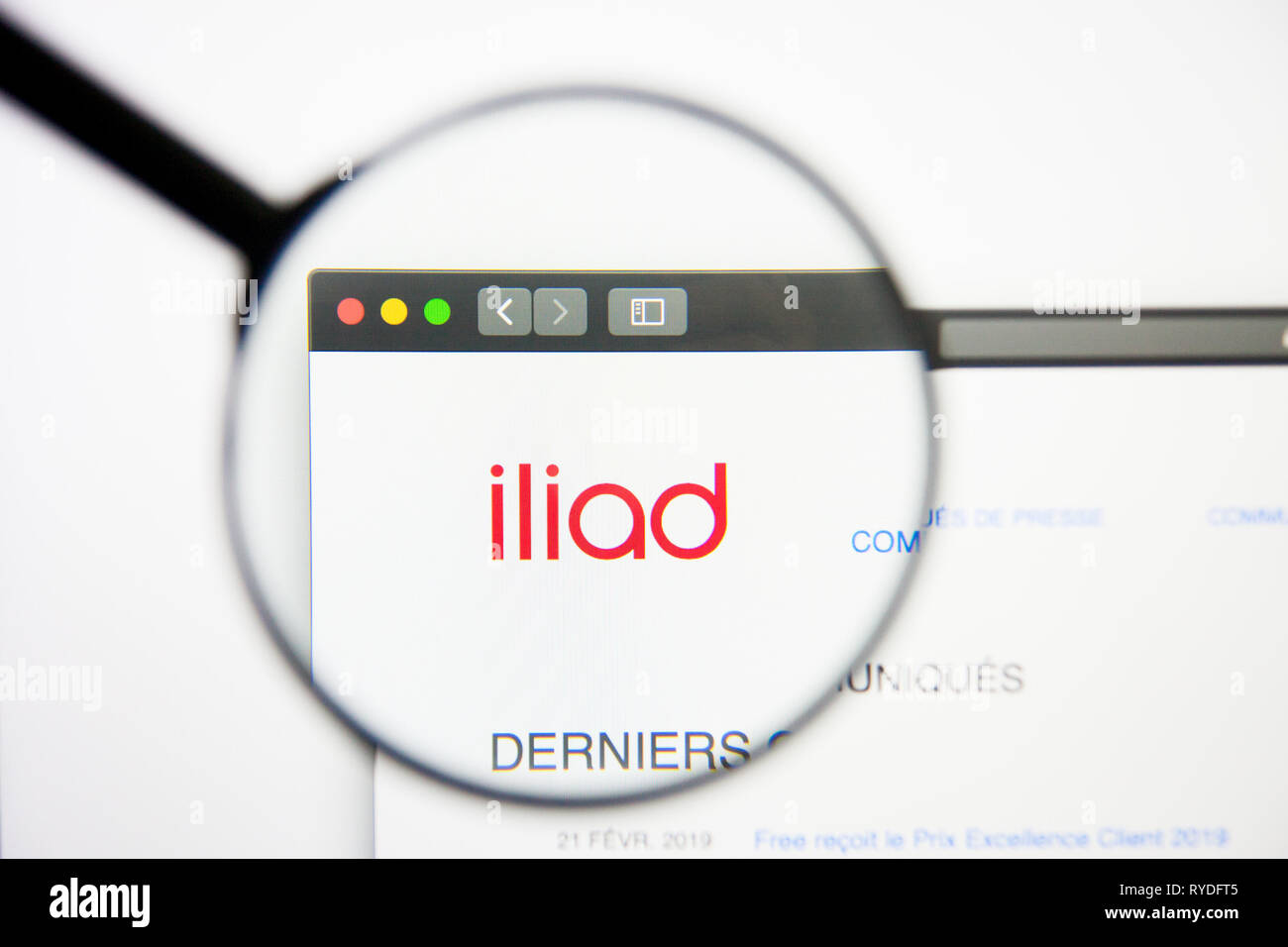 Los Angeles, California, USA - 5 March 2019: Iliad website homepage. Iliad logo visible on display screen, Illustrative Editorial Stock Photo