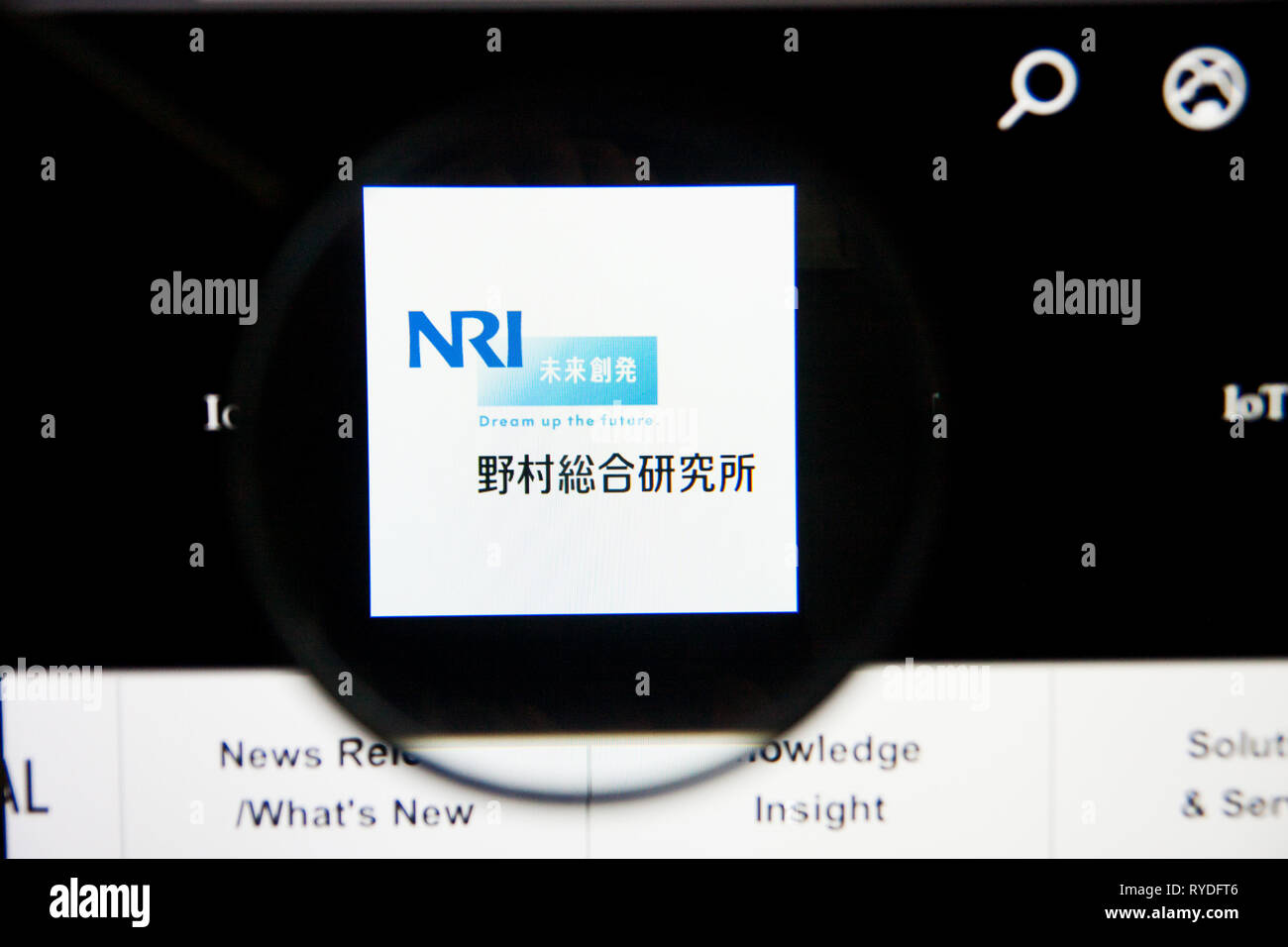 Los Angeles, California, USA - 5 March 2019: NRI website homepage. Nomura Research Institute logo visible on display screen, Illustrative Editorial Stock Photo