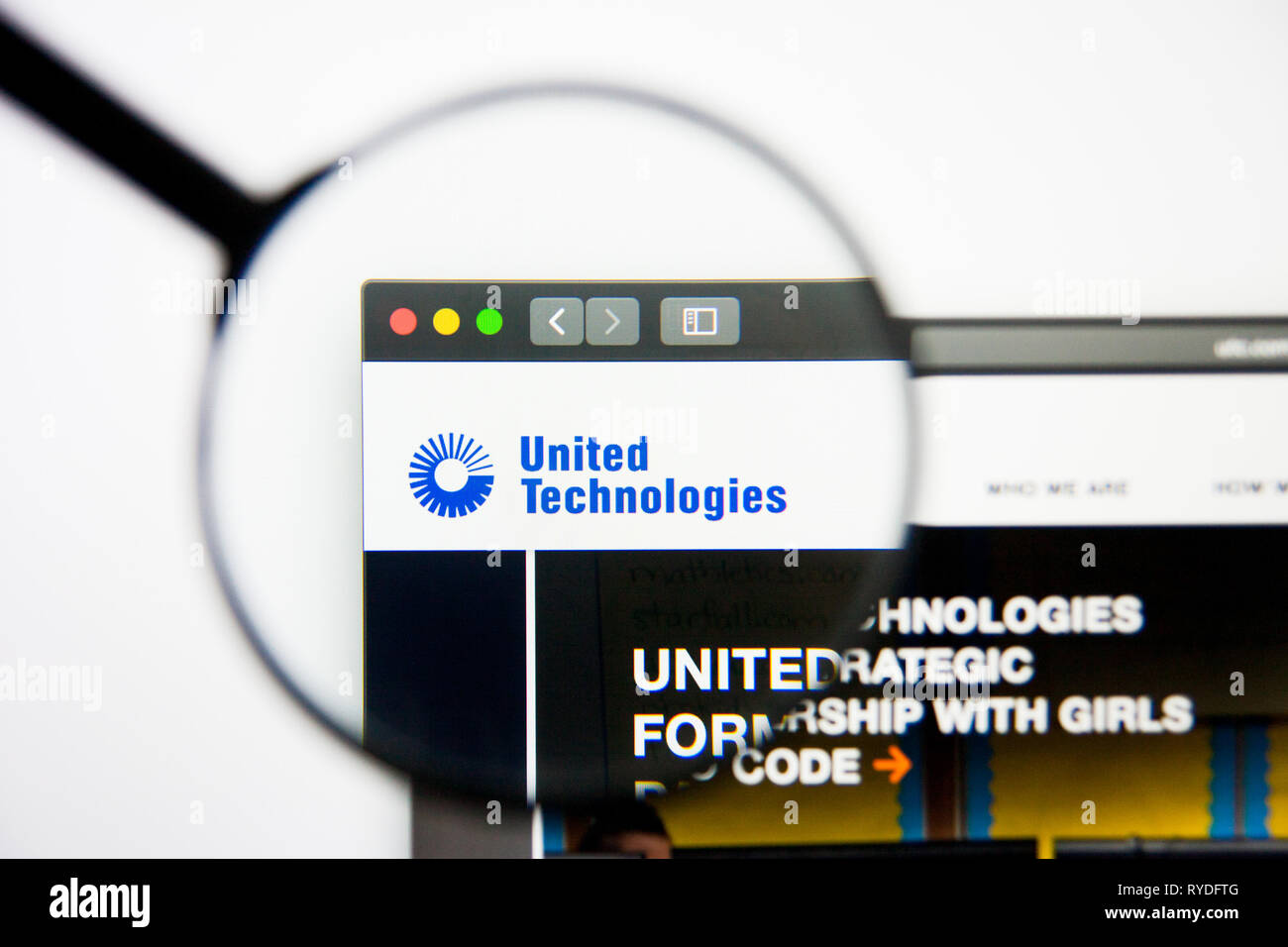 Los Angeles, California, USA - 5 March 2019: United Technologies website homepage. United Technologies logo visible on display screen, Illustrative Stock Photo