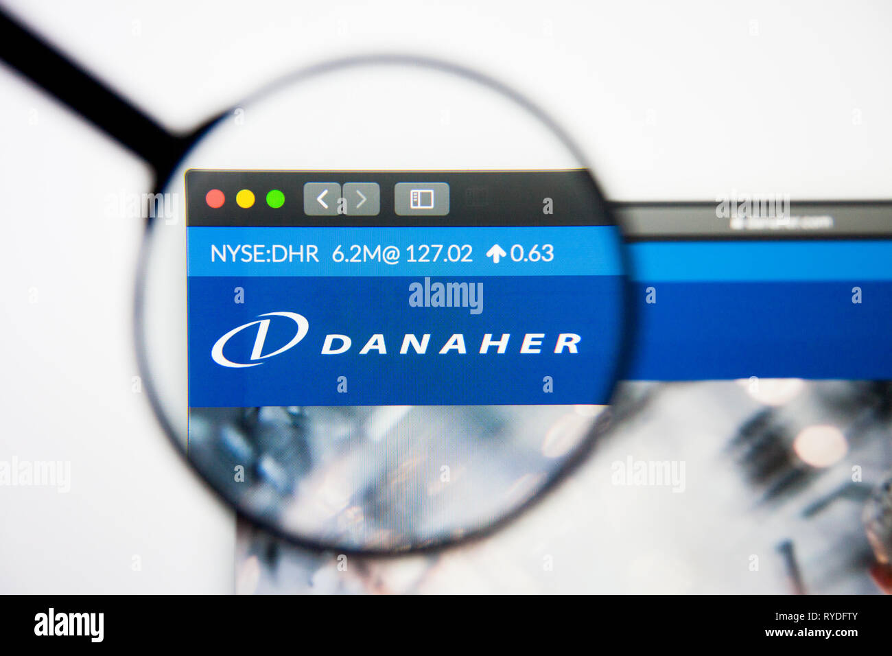 Los Angeles, California, USA - 5 March 2019: Danaher website homepage. Danaher logo visible on display screen, Illustrative Editorial Stock Photo