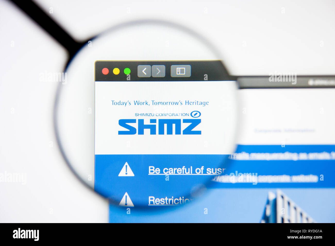 Los Angeles, California, USA - 5 March 2019: Shimizu website homepage. Shimizu logo visible on display screen, Illustrative Editorial Stock Photo
