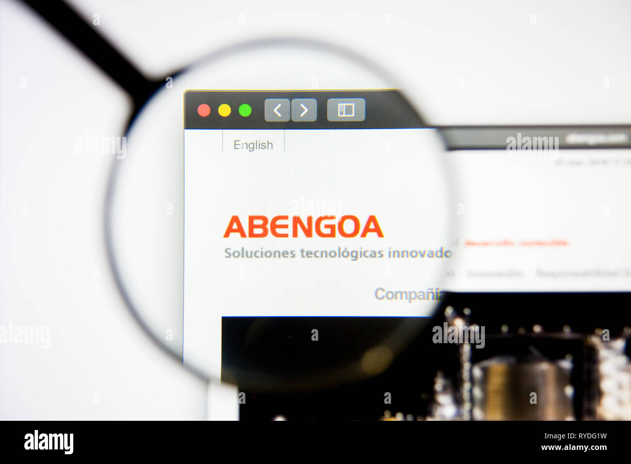 Los Angeles, California, USA - 5 March 2019: Abengoa website homepage. Abengoa logo visible on display screen, Illustrative Editorial Stock Photo