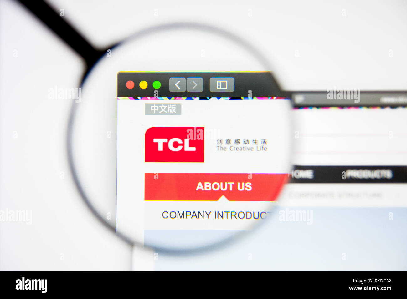 Los Angeles, California, USA - 5 March 2019: TCL Corp website homepage. TCL Corp logo visible on display screen, Illustrative Editorial Stock Photo