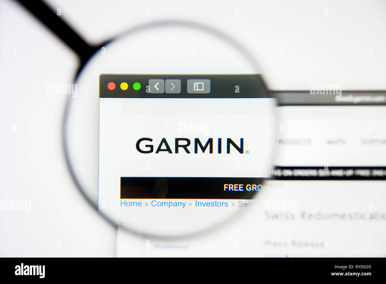 Los Angeles, California, USA - 5 March 2019: Garmin website homepage. Garmin logo visible on display screen, Illustrative Editorial Stock Photo