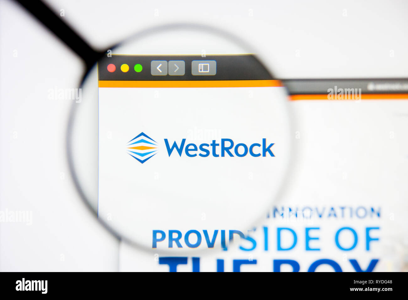 Los Angeles, California, USA - 5 March 2019: WestRock website homepage. WestRock logo visible on display screen, Illustrative Editorial Stock Photo