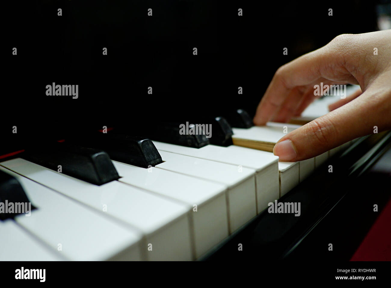 close-up female hand playing grand piano Stock Photo