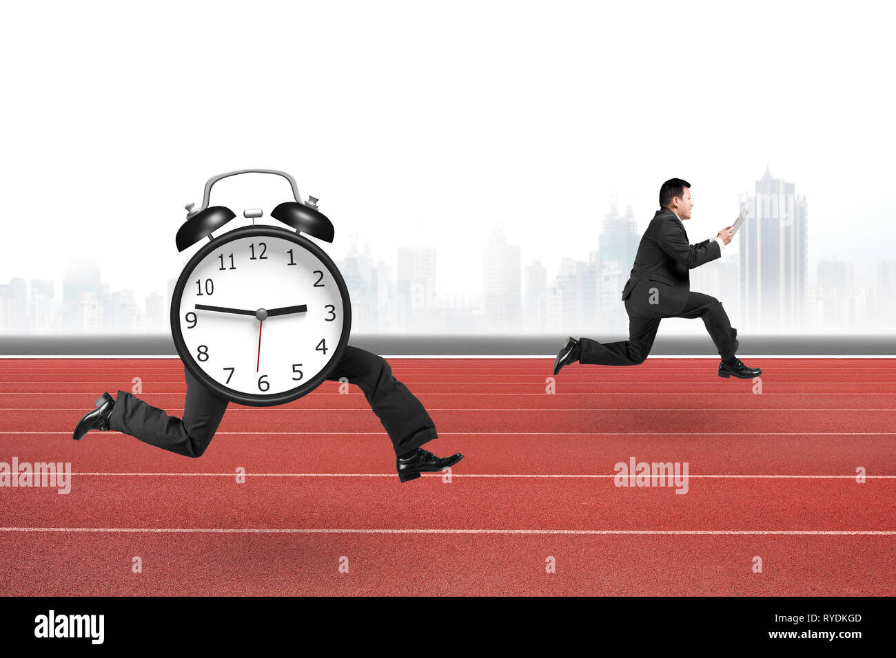 Alarm clock of running legs running after man holding tablet, on red running track with city skyline background. Stock Photo