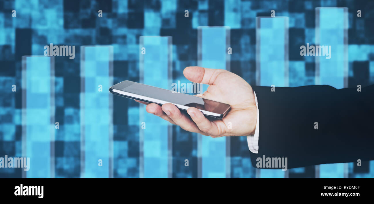 Businessmans Hand in Black Suit Holding Smartphone in Hand Against ...