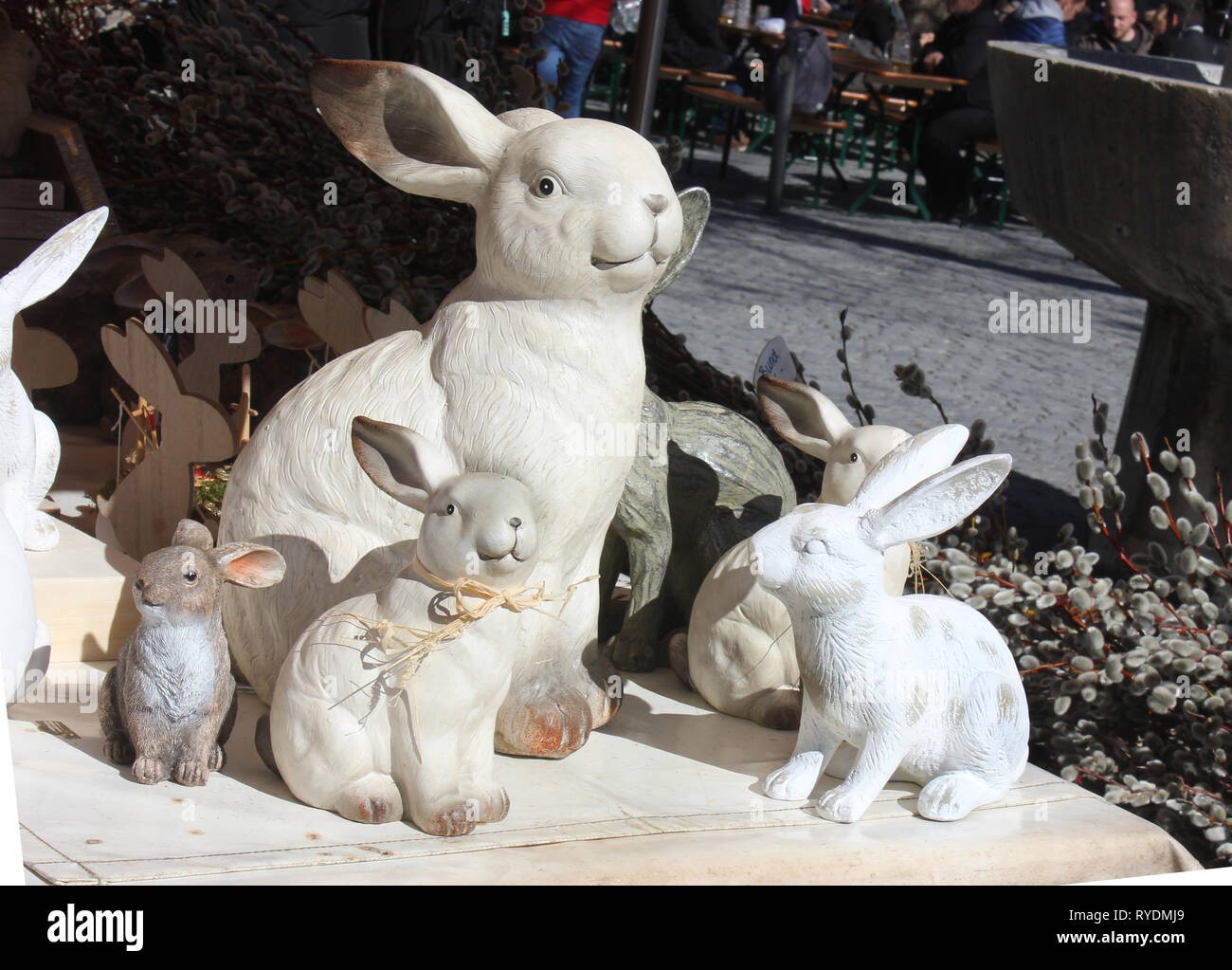 Funny easter decoration . White rabbit family, burned in gypsum. Stock Photo