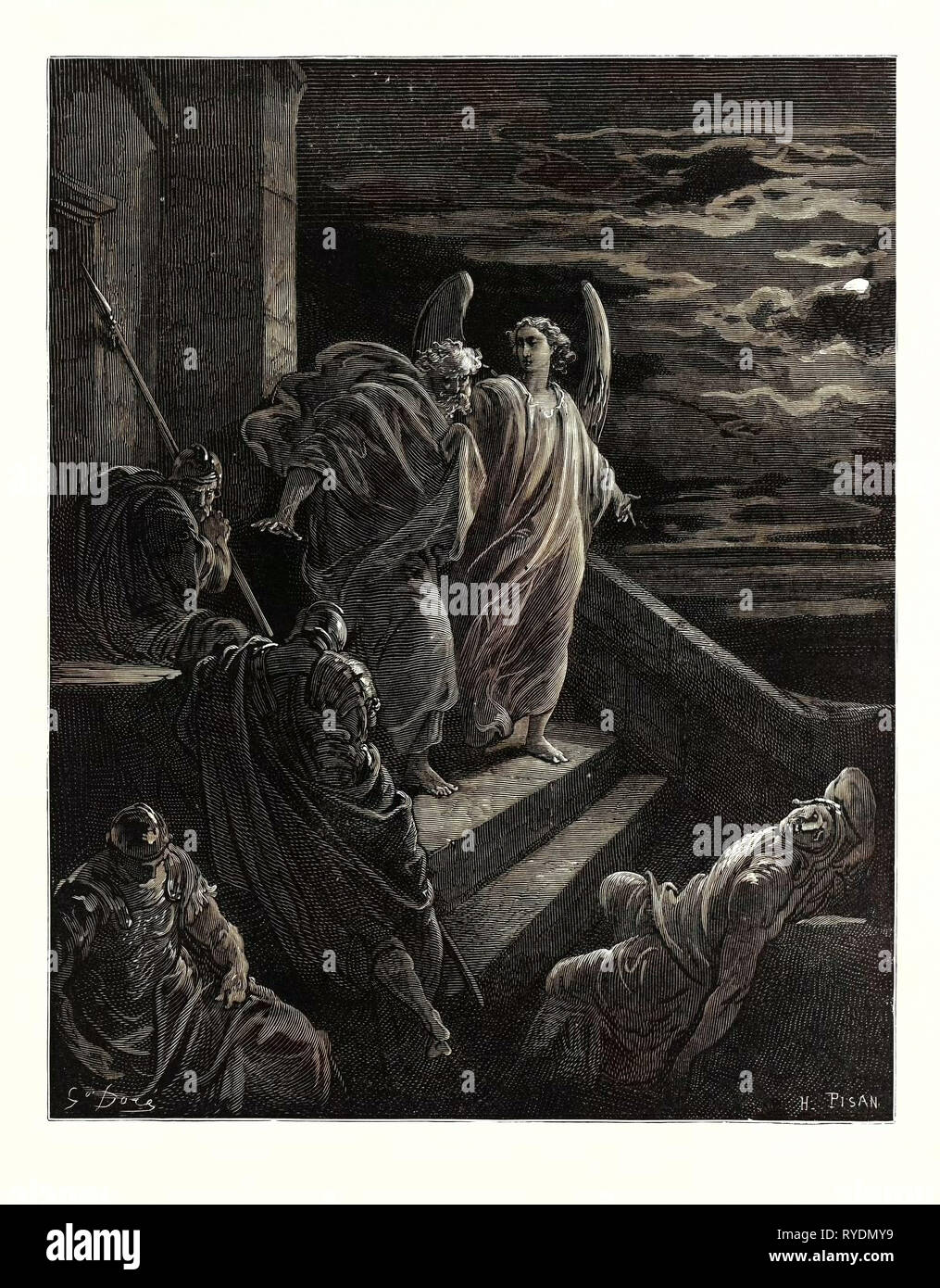 Saint Peter Delivered from Prison, by Gustave Doré, 1832 - 1883, French. Engraving for the Bible. 1870, Art, Artist, Holy Book, Religion, Religious, Christianity, Christian, Romanticism, Colour, Color Engraving Stock Photo