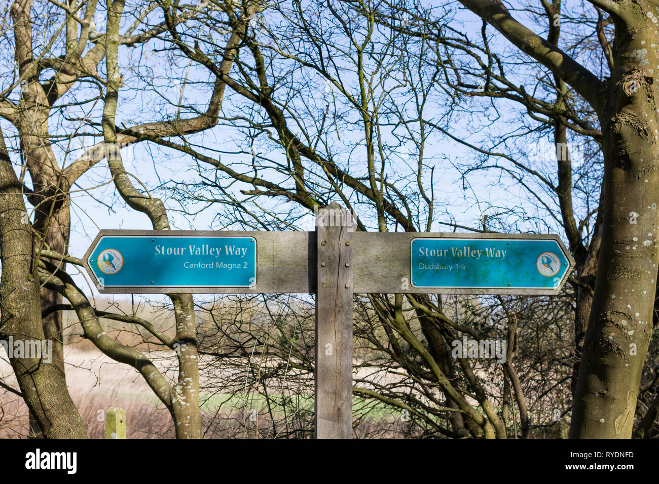 Signpost directions for Stour Valley Way, Canford Magna and Dudsbury