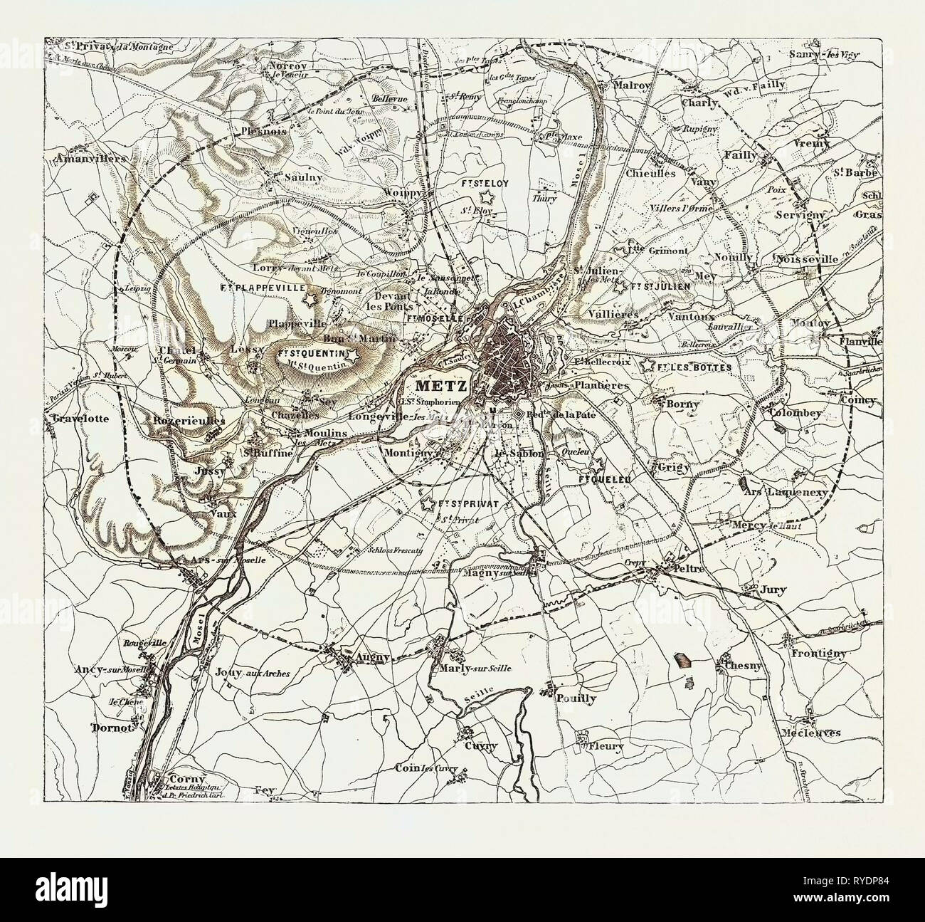 Franco-Prussian War: Map of Vicinity of Metz, Indicating the Position Occupied by the Besieging Army 1870 Stock Photo