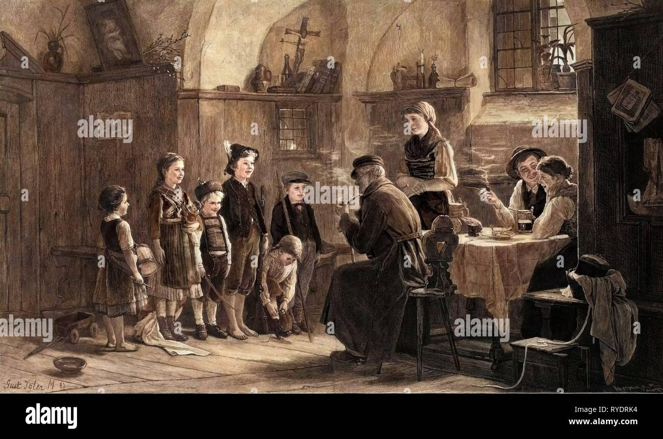 The Children and the Uncle. Studied in Vienna and Munich, Later Principal of Technical Painting at the Academy in Stuttgart, Germany. Beer, Beer Jug, Pipe, Smoking, Bread, Table, Table Cloth, Plate, Fork, Spoon, Girls, Boys, Interior, Food and Drink, Liszt Gourmet Archive Stock Photo