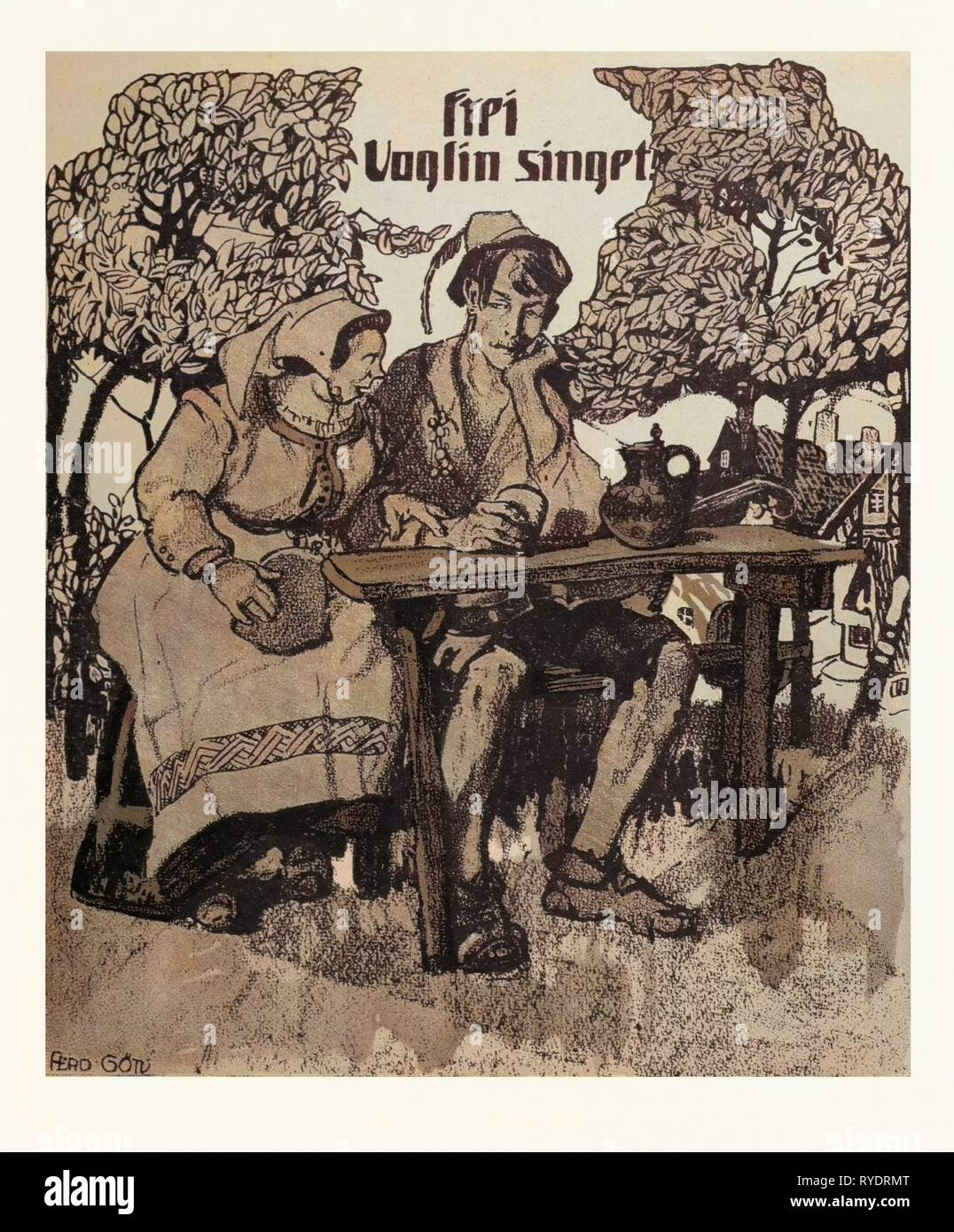 Frei Voglin Singet. In the Garden, Drinking, Man, Woman, Outdoors, Folk Dress, Talking, Food and Drink, Liszt Gourmet Archive, Bench, Table, Trees, Green Stock Photo