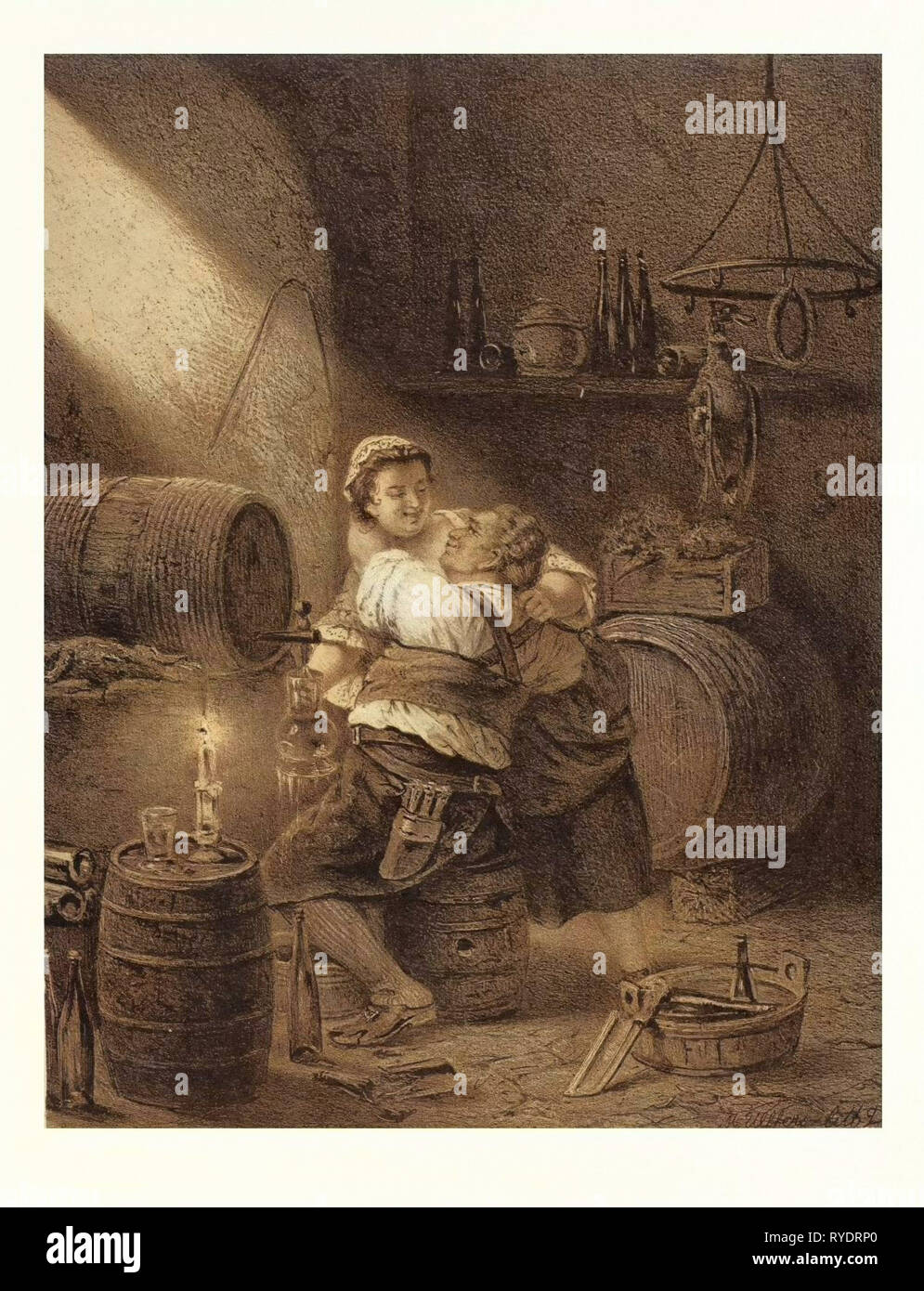 Love in the Winecellar, Barrel, Wine, Man, Woman, Male, Female, Barrel, Bottle, Glass, Candle, 19th Century, Food and Drink, Liszt Gourmet Archive, Cellar, Storage, Alcoholic, Wine-Barrel, Alcohol Stock Photo
