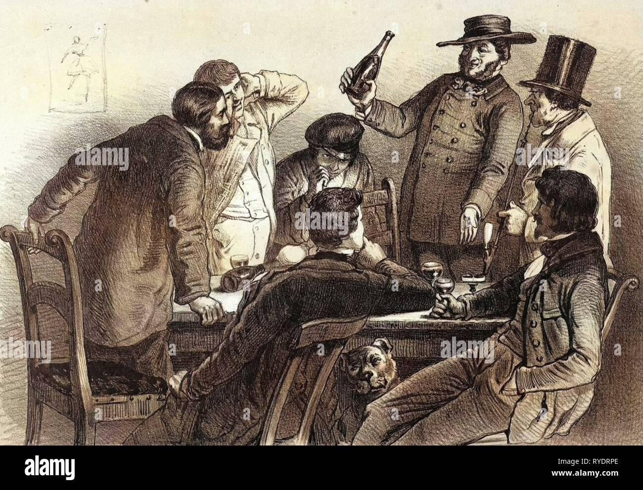 Drinking the Bottles in Germany, 19th Century Lithography, Wine, Wine