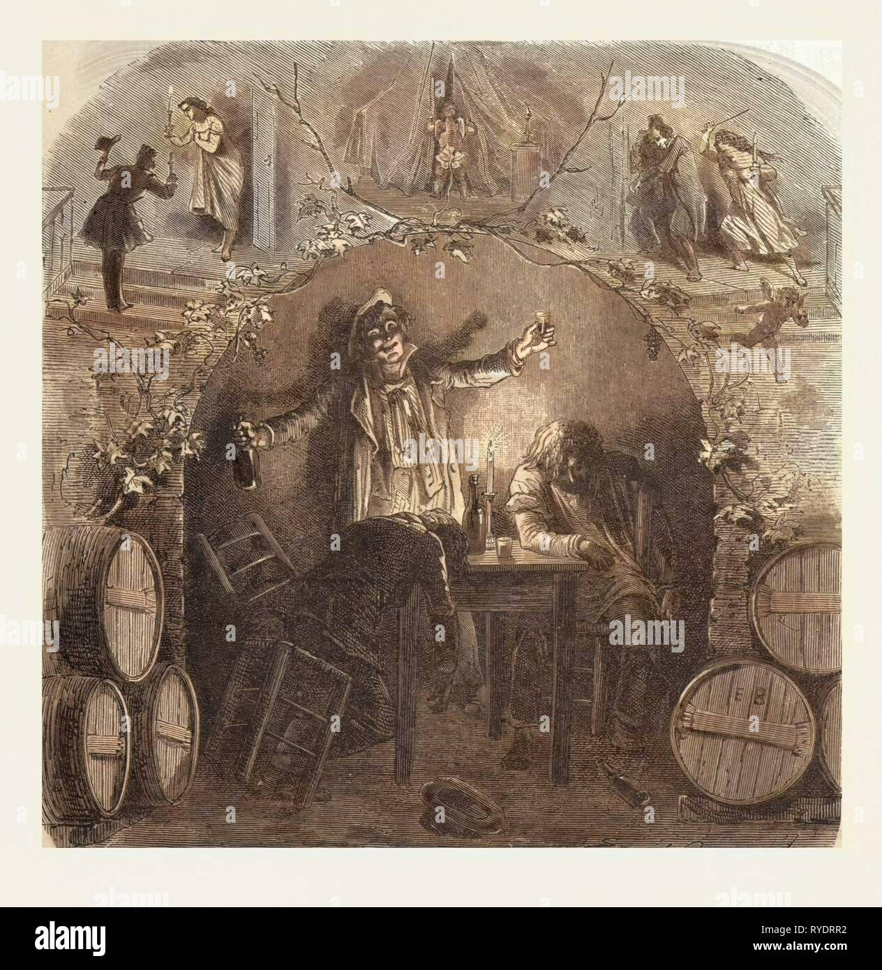 L'Ivrogne and His Wife, Jean De La Fontaine. 19th Century Engraving. Man, Men, Barrels, Bottle, Candle, Table, Hat, Sleeping, Liszt Gourmet Archive Stock Photo