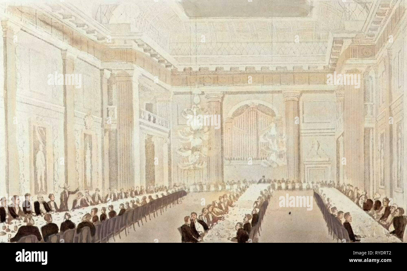 Dr. Syntax at Free Mason's Hall, London, UK, which Has a Masonic Meeting Place Since 1775, Circa 1820. Food and Drink, Dining Table, People, Dinner, 19th Century Coloured Aquatint., Liszt Gourmet Archive Stock Photo