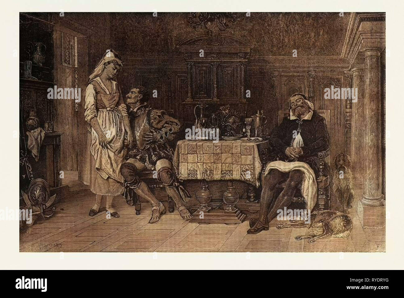 The Good Motive, French, Salon of Beaux Arts, 1880, 19th Century, Liszt Gourmet Archive, Food and Drink, Dinner Table, Carafe, Glass, Glasses, Plates, Men, Servant, Woman, Dog, Dining Room Stock Photo