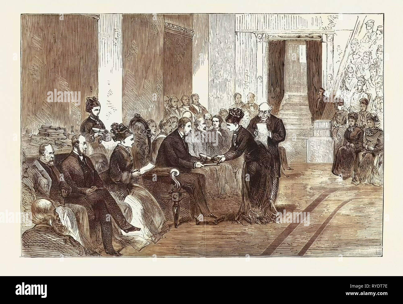 The Duke of Edinburgh Presenting the Prizes to the Successful Students of the Female School of Art, on Friday, February 25th, in the Theatre of the London University, 1876, Engraving 1876, UK, Britain, British, Europe, United Kingdom, Great Britain, European Stock Photo