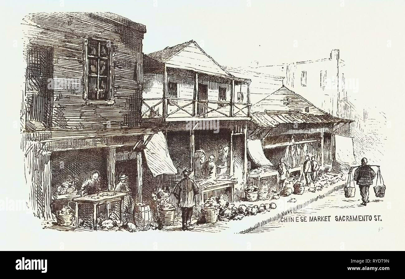 Chinese Market Sacramento Street, the Chinese Quarters, San Francisco, Engraving 1876, US, USA, America, United States Stock Photo
