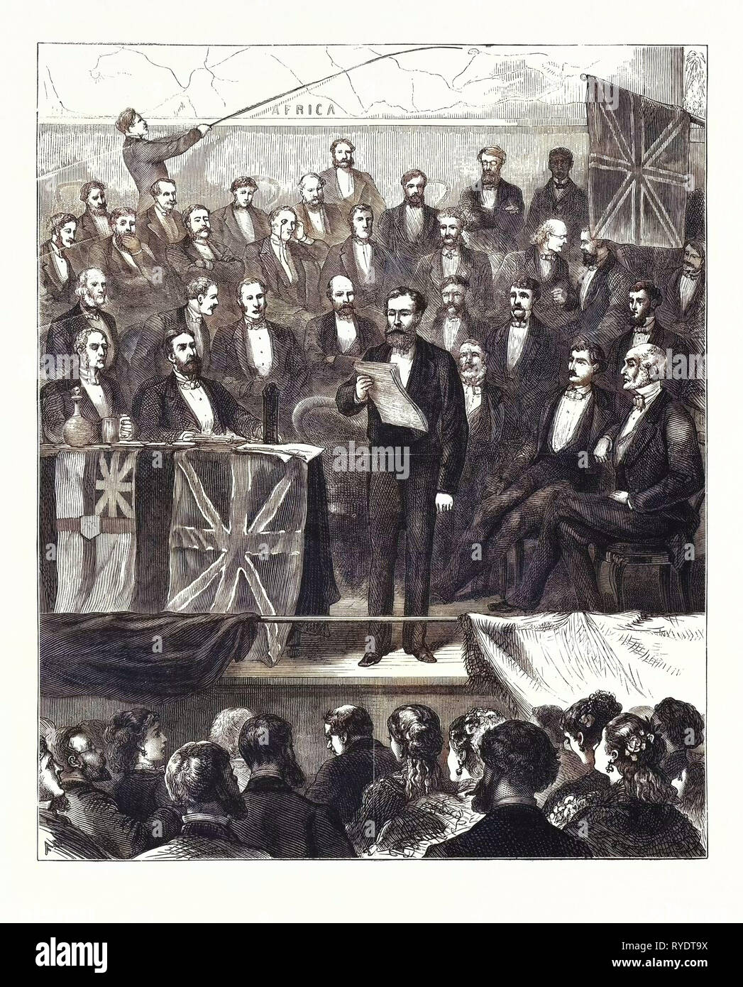 African Exploration : Lieut. Cameron Reading an Account of His Adventures in Central Africa Before the Royal Geographical Society, at St. James's Hall, on Tuesday, April 11th., London, Engraving 1876, UK, Britain, British, Europe, United Kingdom, Great Britain, European Stock Photo