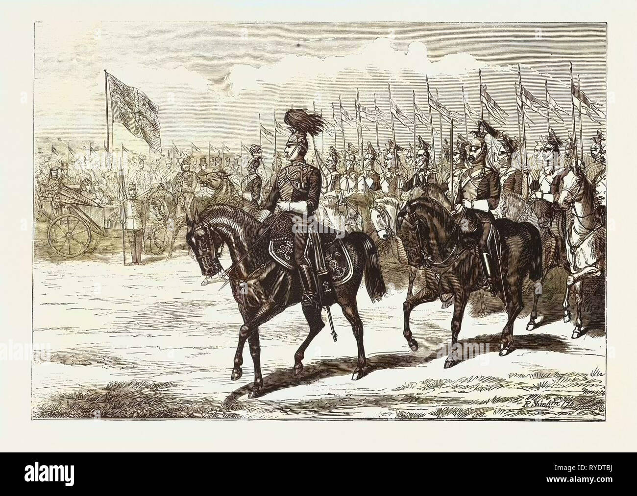 Grand Review at Aldershot Before Her Majesty the Queen, March Past of the 5th Royal Irish Lancers, Engraving 1876, UK Stock Photo