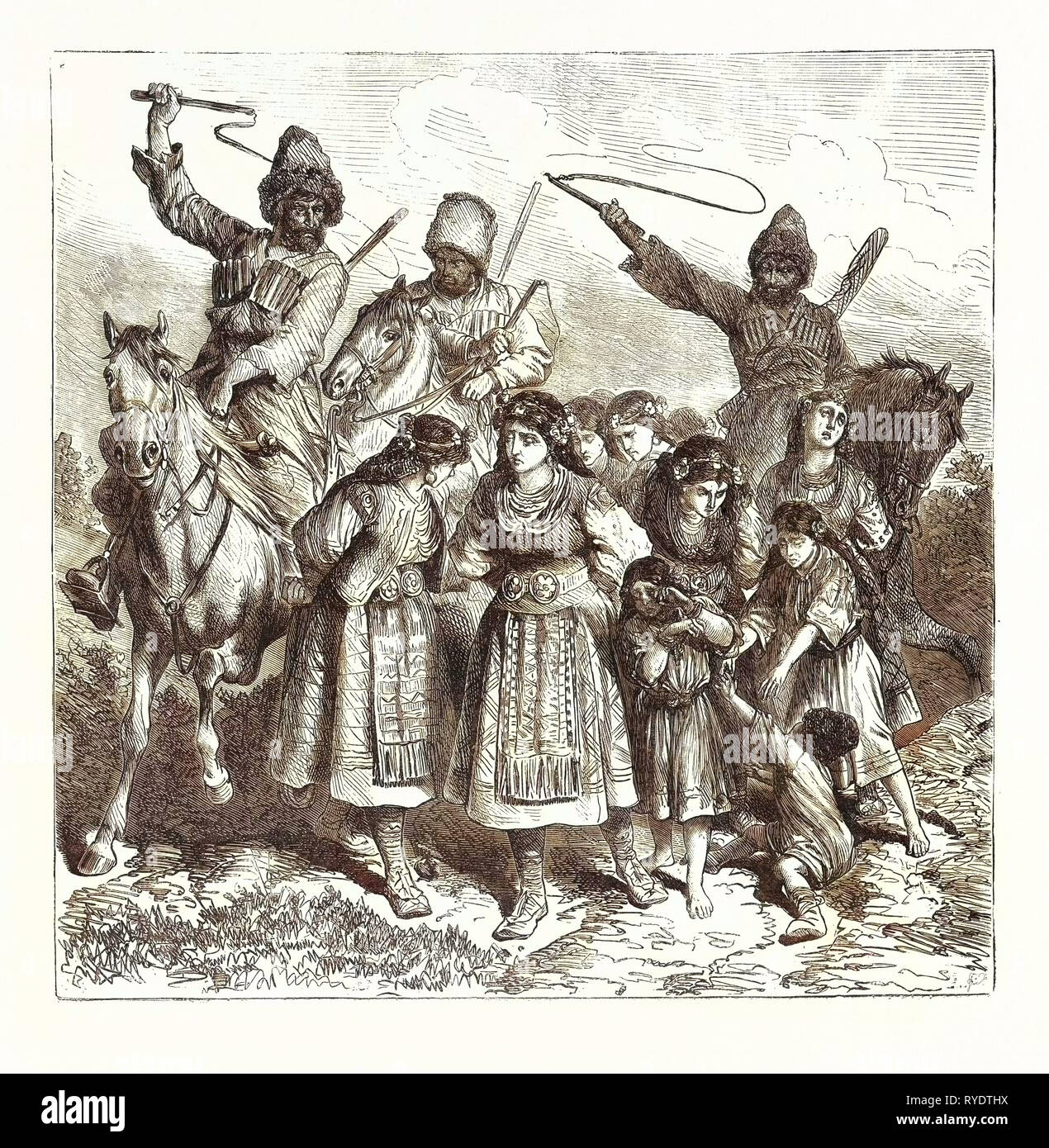The Turko Servian War, Circassians Carying Off Bulgarian Women and Children, Engraving 1876, Turkey, Serbia Stock Photo