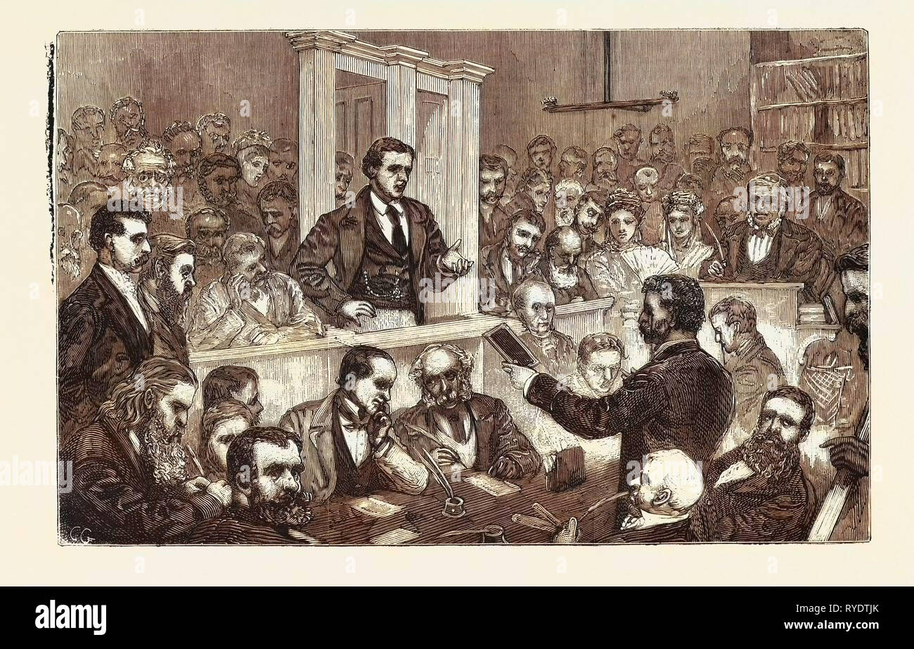 The Dr. Slade Prosecution, Sketch in Court During the Second Hearing,  Re-Examination of Professor Lankester, Engraving 1876, UK, Britain, British, Europe, United Kingdom, Great Britain, European Stock Photo