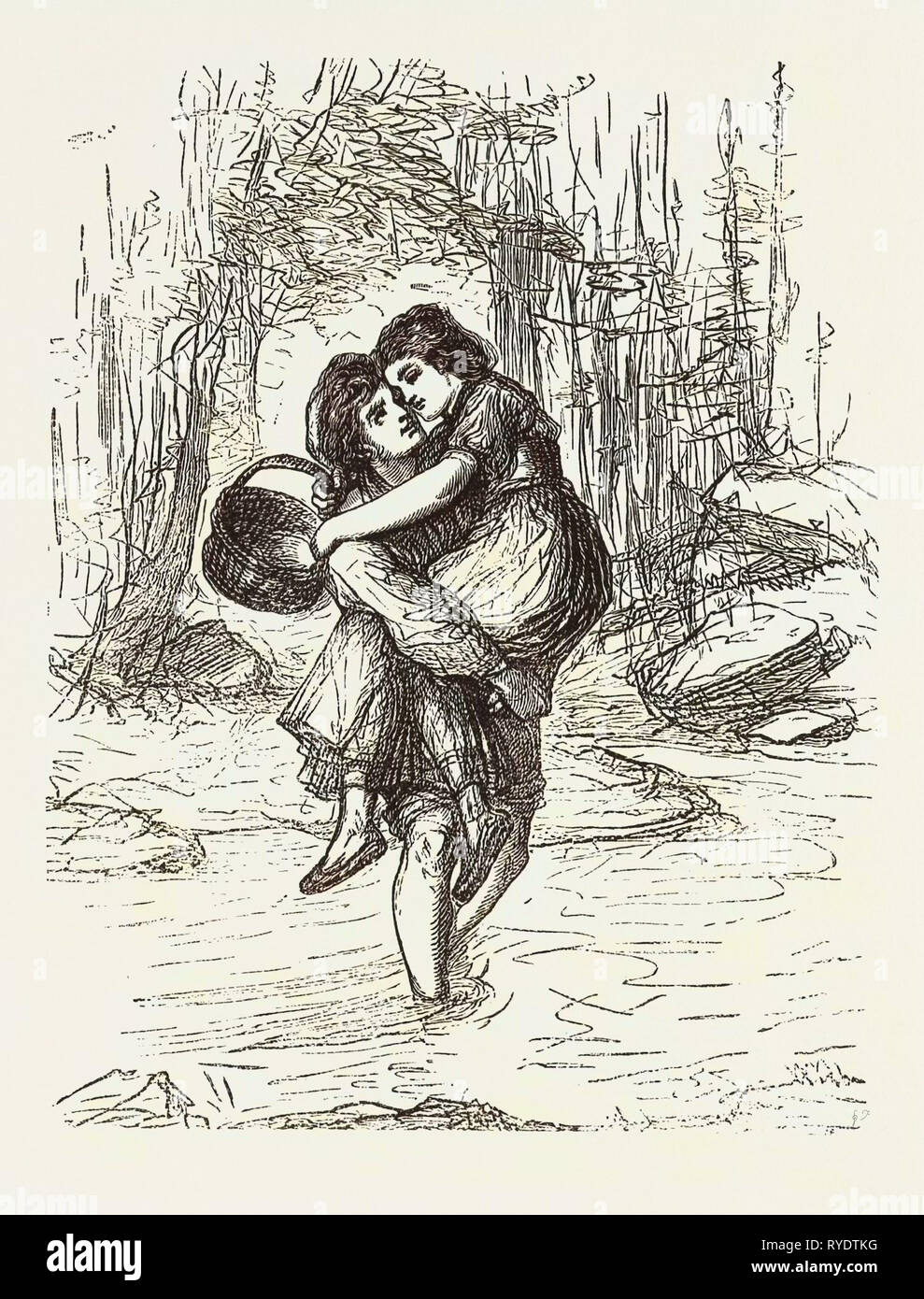 A Pleasant Burden Friendship Love Boy Girl Basket Stream Engraving 1876 Stock Photo Alamy