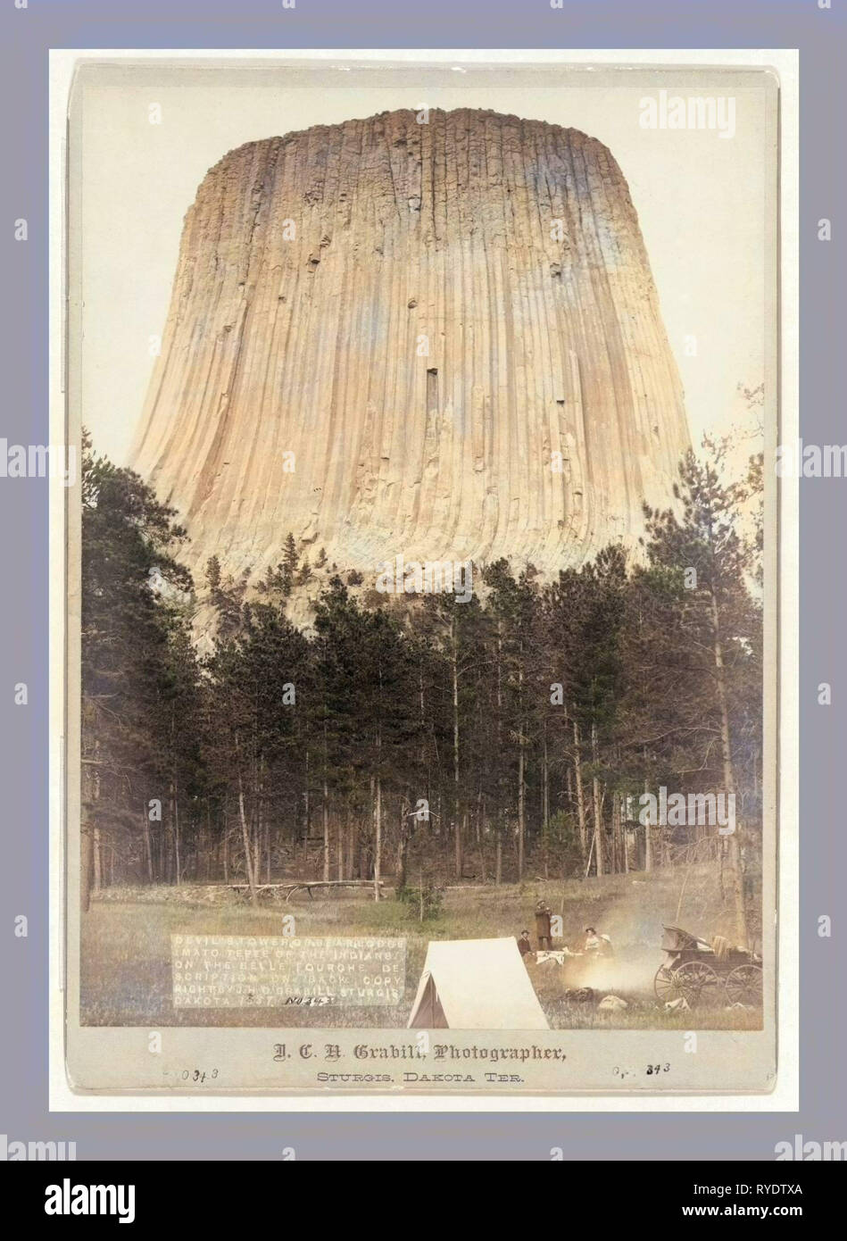 Devil's Tower or Bear Lodge (Mato [I.E. Mateo] Tepee of the Indians), on the Belle Fourche. Description on Back Stock Photo