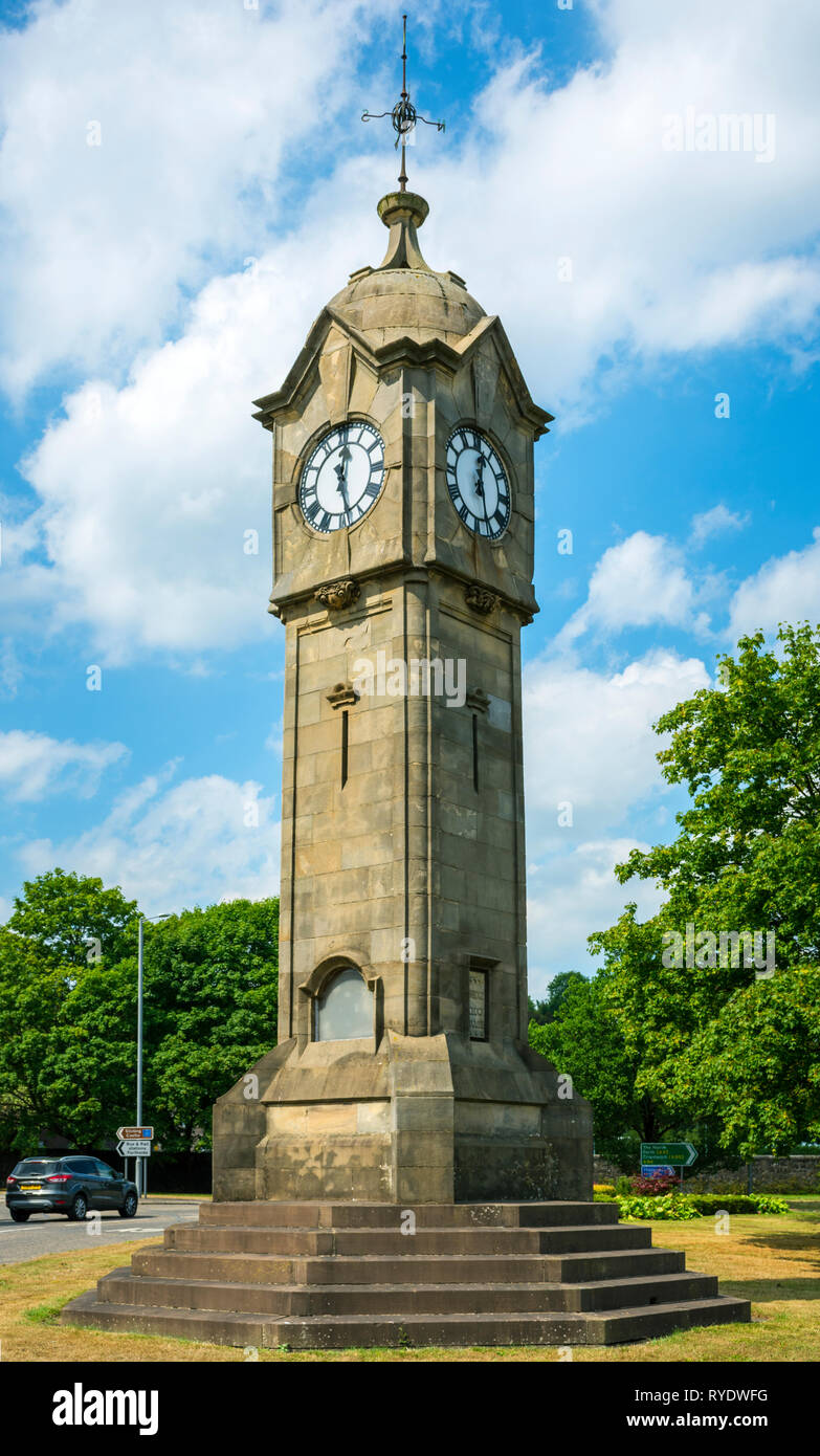 The Bridge Clock Tower (also called the Bayne Clock Tower) at the Customs Roundabout, Stirling, Stirlingshire, Scotland, UK Stock Photo